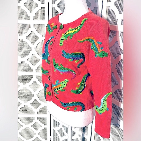 ALLIGATOR CARDIGAN SWEATER MICHAEL SIMON SMALL RETRO CROCODILE ANIMAL PRINT - Picture 15 of 16